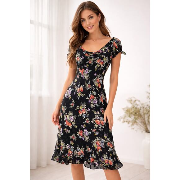 Vintage Dresses & Skirts - VINTAGE Y2K JONES NEW YORK Dark Floral Tie Cap Sleeve Chiffon Midi Dress Size 4